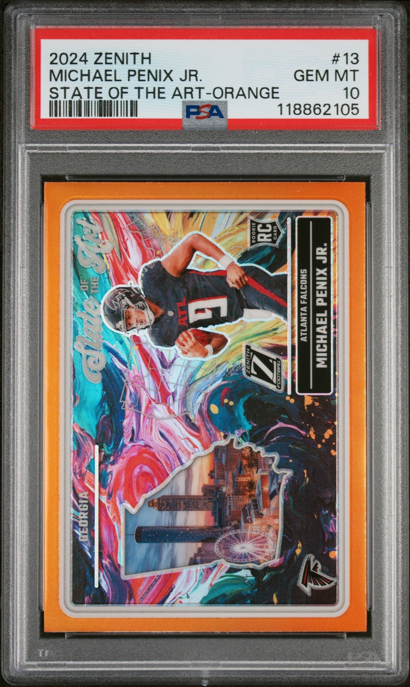 Graded 2024 Panini Zenith Michael Penix Jr #13 State of the Art Orange Rookie RC Football Card PSA 10 Gem Mint