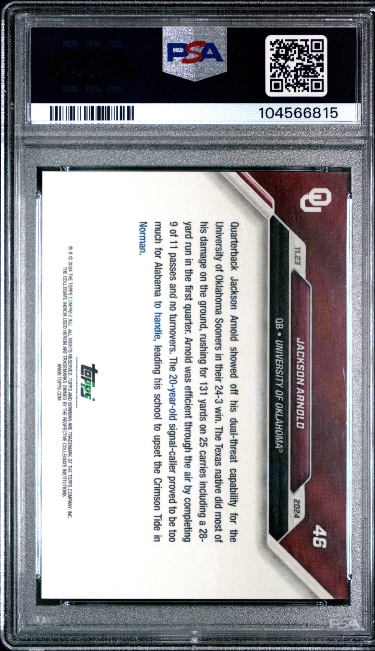 Graded 2024 Topps Bowman U Now Jackson Arnold #46 Rookie RC Football Card PSA 10 Gem Mint