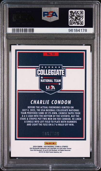 Graded 2024 Panini Stars & Stripes USA Charlie Condon #13 /199 Rookie RC Baseball Card PSA 10 Gem Mint