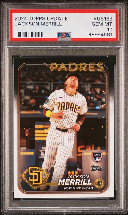 Graded 2024 Topps Update Jackson Merrill #US169 Rookie RC Baseball Card PSA 10 Gem Mint