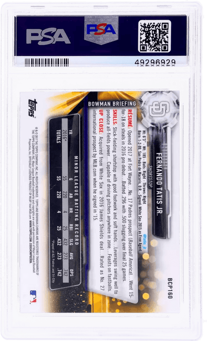 Graded 2017 Topps Bowman Chrome Fernando Tatis Jr. #BCP160 Prospects Rookie RC Baseball Card PSA 10 Gem Mint
