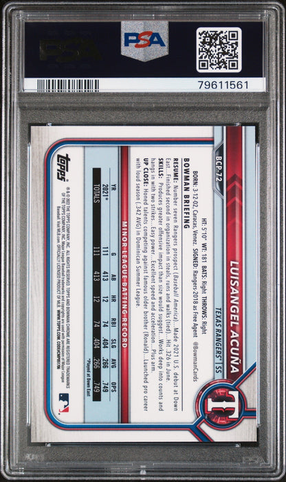 Graded 2022 Topps Bowman Luisangel Acuna #BCP72 Chrome Prospects Aqua Shimmer Refractor /125 Rookie RC Baseball Card PSA 10 Gem Mint