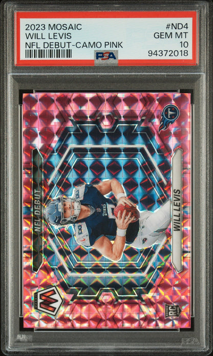 Graded 2023 Panini Mosaic Will Levis #ND4 NFL Debut Camo Pink Rookie RC Football Card PSA 10 Gem Mint