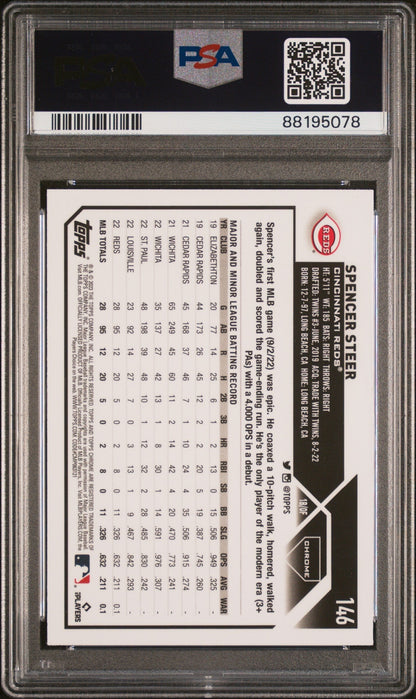 Graded 2023 Topps Chrome Spencer Steer #146 XFractor Rookie RC Baseball Card PSA 10 Gem Mint