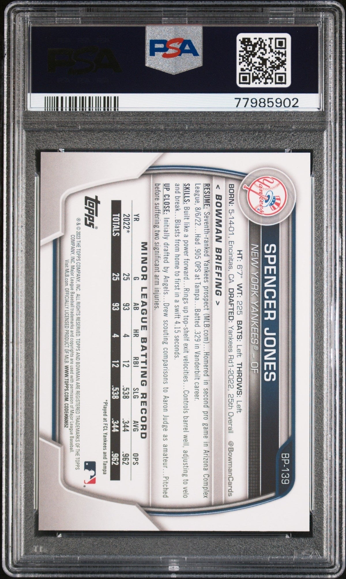 Graded 2023 Topps Bowman Spencer Jones #BP139 Paper Prospects Rookie RC Baseball Card PSA 10 Gem Mint