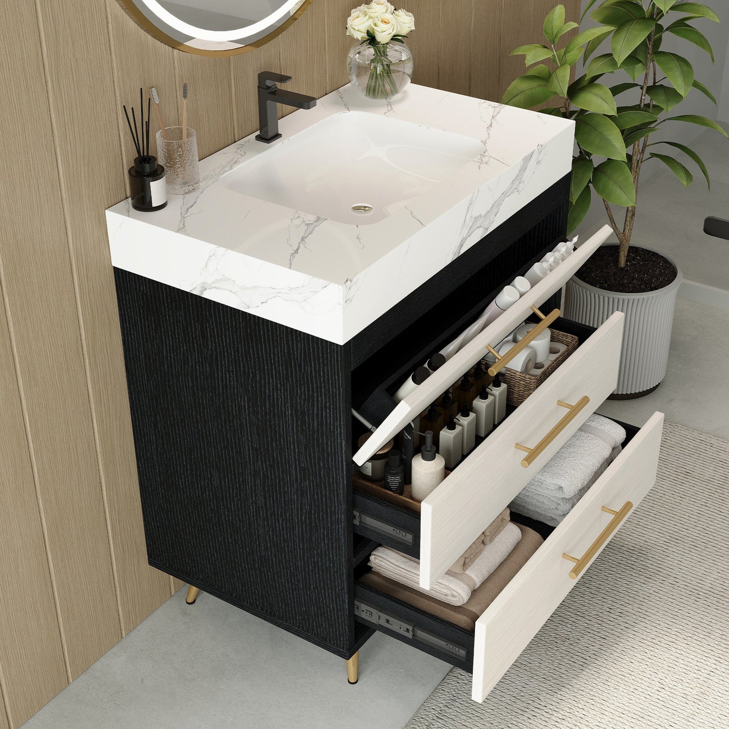 Modern Free-Standing Bathroom Vanity with Ceramic Vessel Sink & Durable Sintered Stone Top