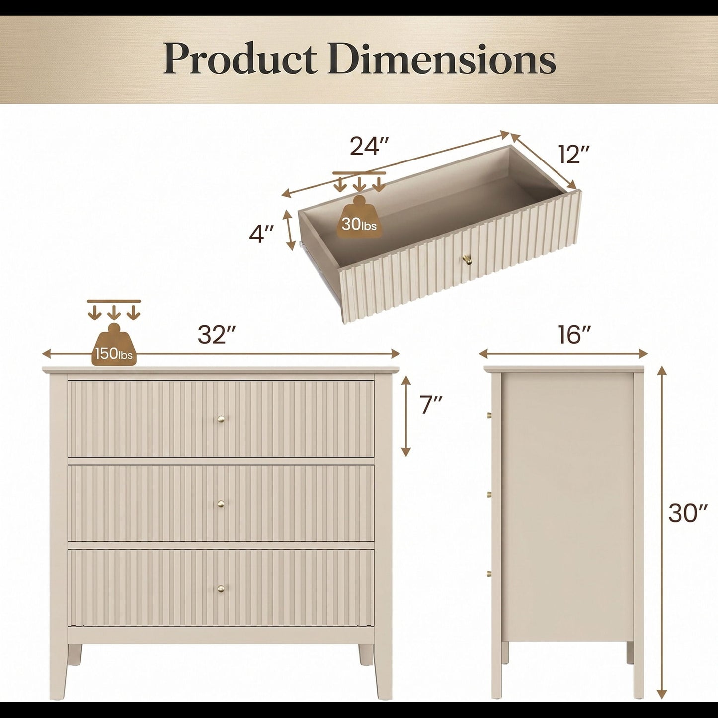 Fluted 3 Drawer Nightstand With Soft Close Slides