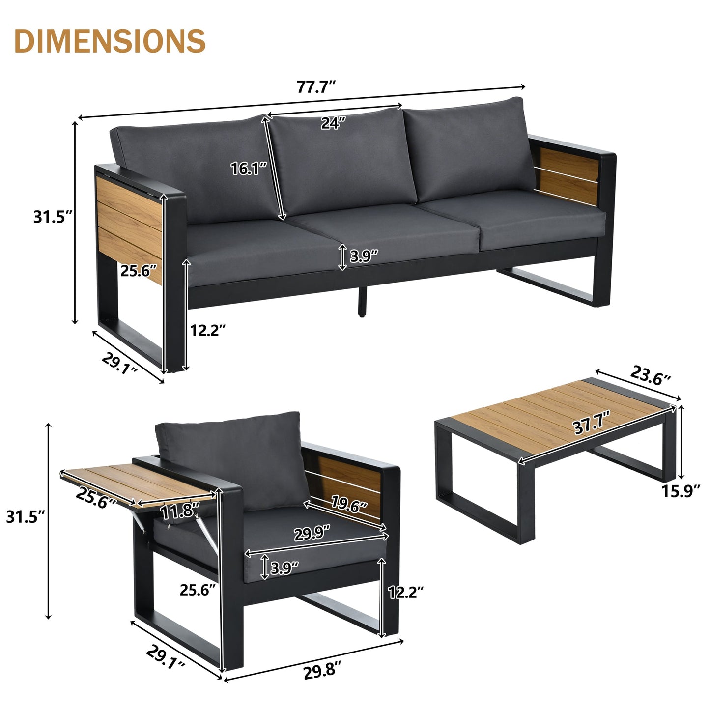 Aluminum Frame Large 4-Piece Outdoor Patio Furniture Set for 5 Person