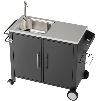 Outdoor Grill Table With Sink, Grill Cart With Sink And Cabinet With Wheels - Black / Silver