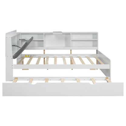 Platform Bed With Trundle, Shelves, And Storage Headboard