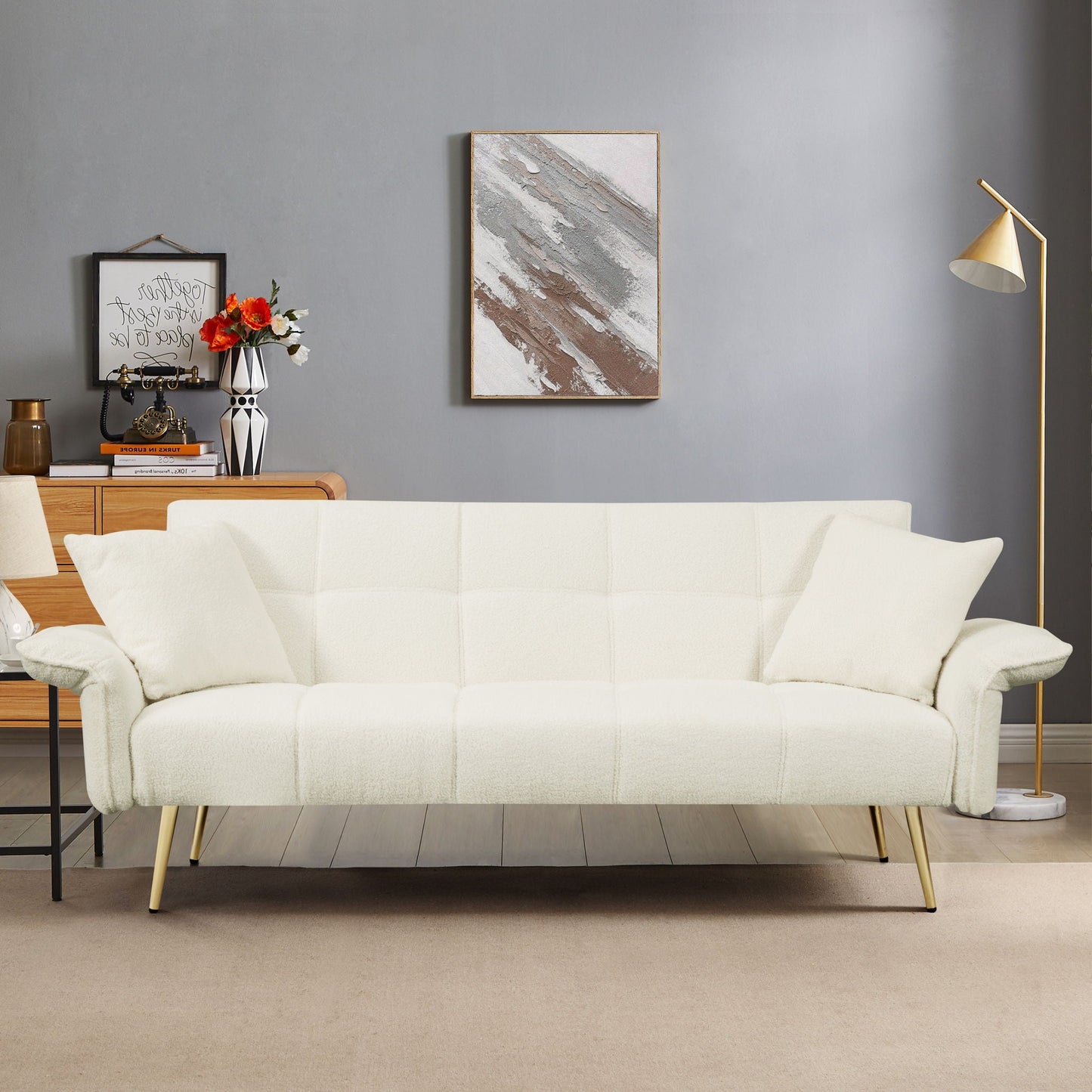 Convertible Double Futon Sofa Bed With Folding Armrests For Living Rooms