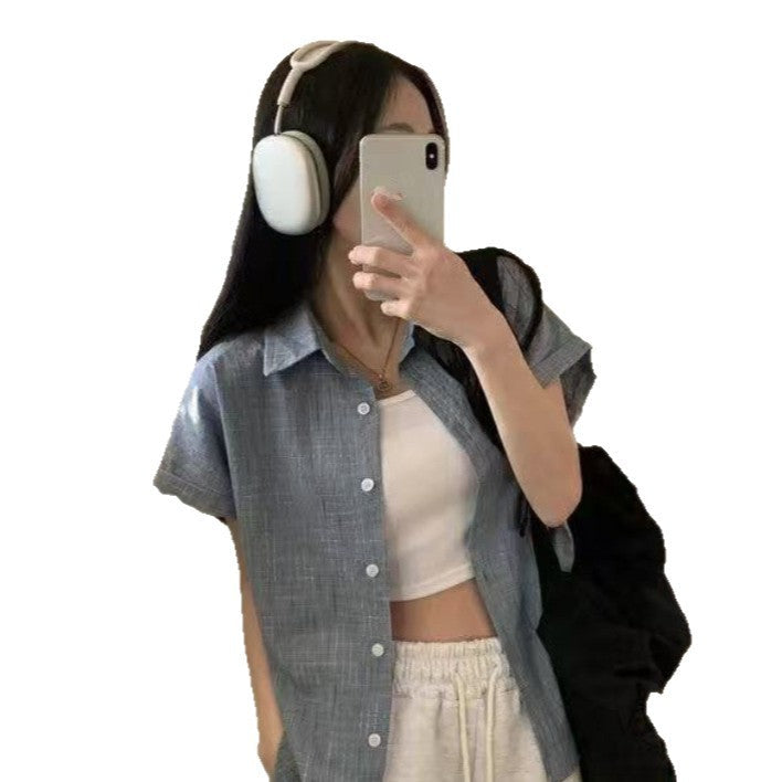 Womens Loose Korean-Style Retro Color-Block Plaid Short-Sleeve Shirt