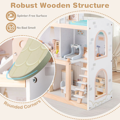 Wooden Dollhouse Kids DIY Pretend Playhouse with 33 PCS Furniture Accessories-Green