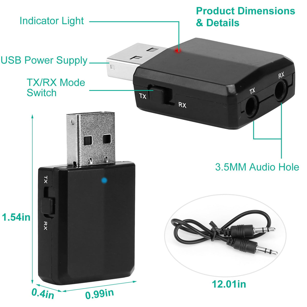 3 IN 1 Wireless V5.0 USB Audio Transmitter Receiver EDR Adapter Music Streaming For TV PC Headphones Car w/ 3.5mm Cable