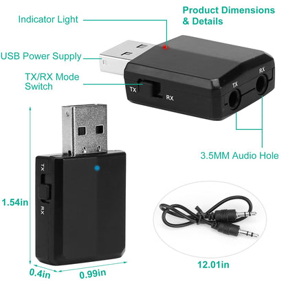 3 IN 1 Wireless V5.0 USB Audio Transmitter Receiver EDR Adapter Music Streaming For TV PC Headphones Car w/ 3.5mm Cable