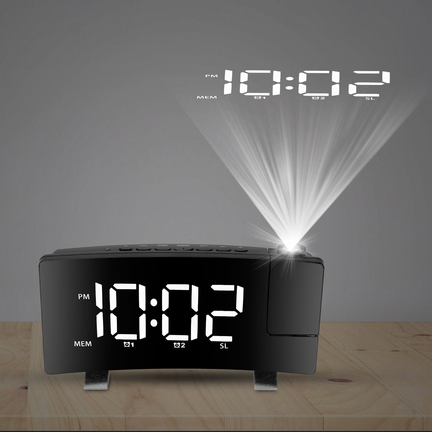 Projection Alarm Clock with Radio Function 7.7In Curved-Screen LED Digital Alarm Clock w/ Dual Alarms 4 Dimmer 12/24 Hour USB Charging Port 180¡ Rotat