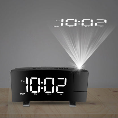 Projection Alarm Clock with Radio Function 7.7In Curved-Screen LED Digital Alarm Clock w/ Dual Alarms 4 Dimmer 12/24 Hour USB Charging Port 180¡ Rotat
