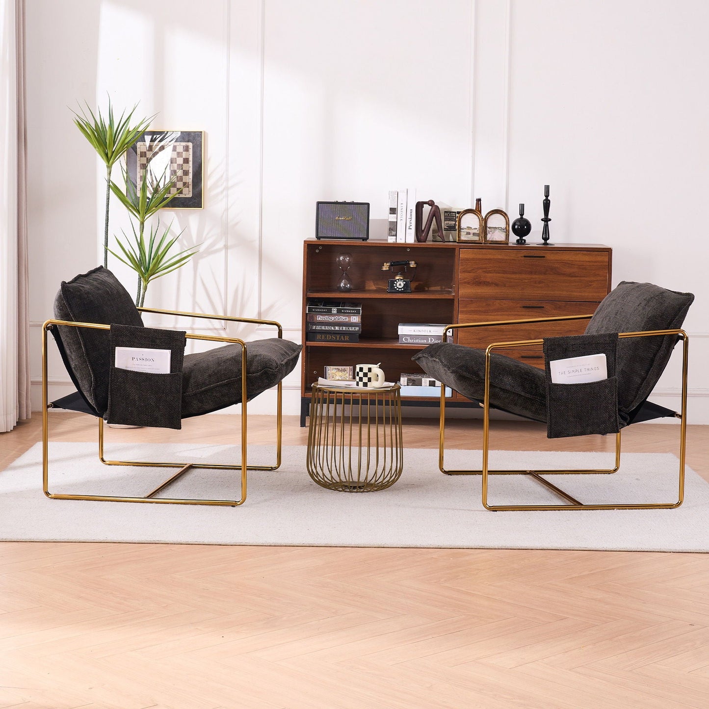 Upholstered Hanging Armchair With Arm Pocketsmetal Frame (Set of 2), Plated Craftsmanship, Crushed Foam Cushions And Skin-Friendly Woven Fabric For Living Room And Bedroom