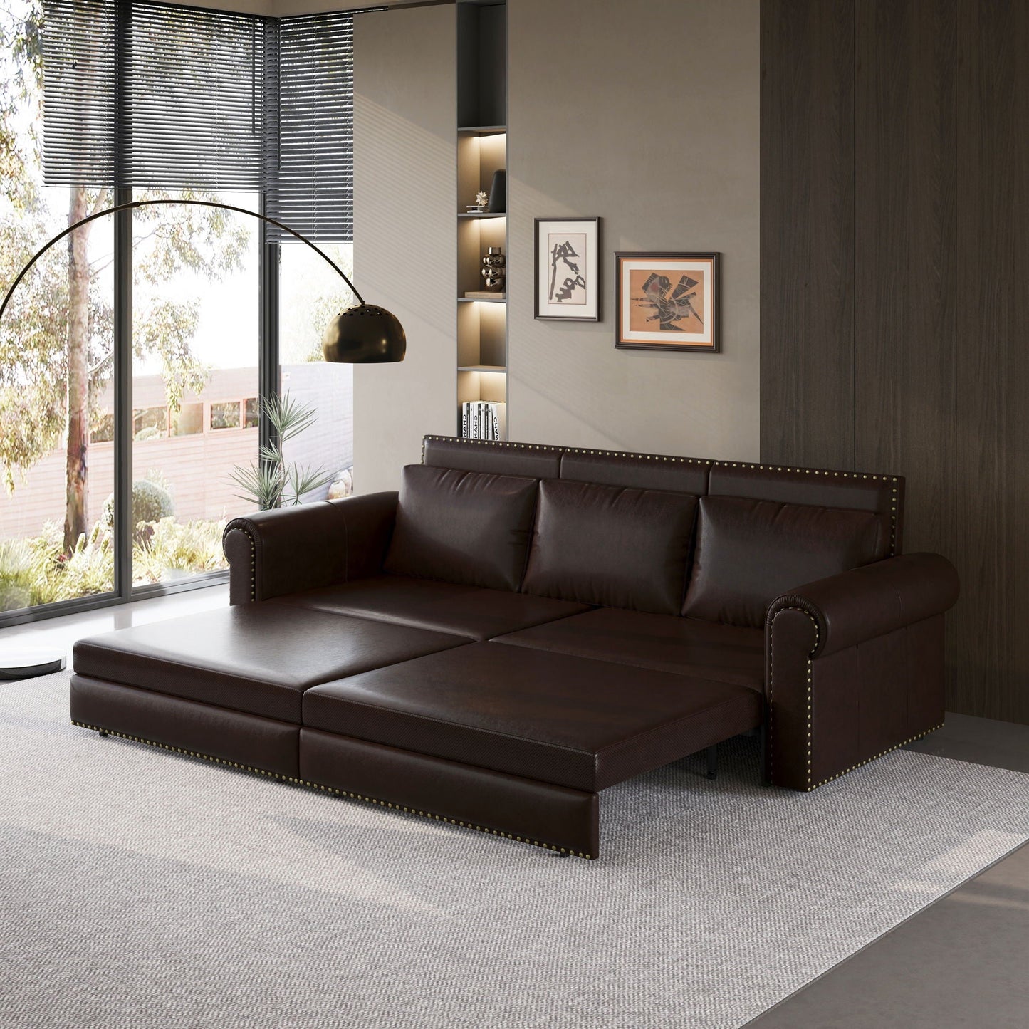 3 In 1 Convertible Sleeper Sofa With Nailhead Trim & Rolled Arm