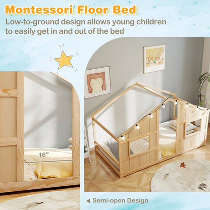 Twin Size House Bed with LED Lights Montessori Slat-free Floor Bed