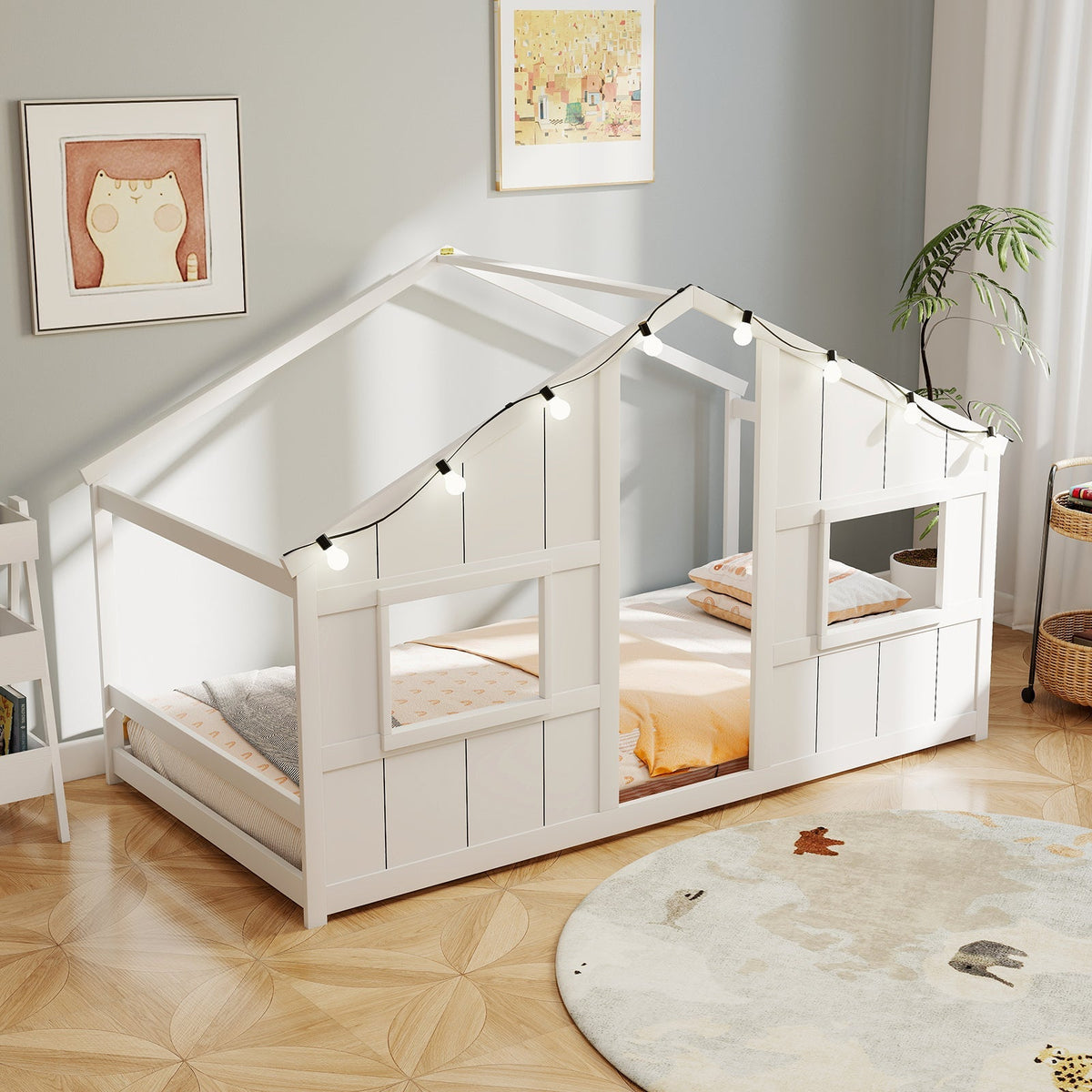Twin Size House Bed with LED Lights Montessori Slat-free Floor Bed