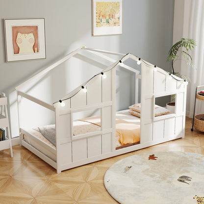 Twin Size House Bed with LED Lights Montessori Slat-free Floor Bed