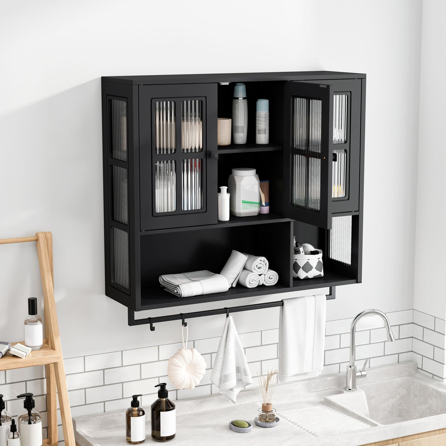3 Door Wall Cabinet With Glass Door And Towel Bar