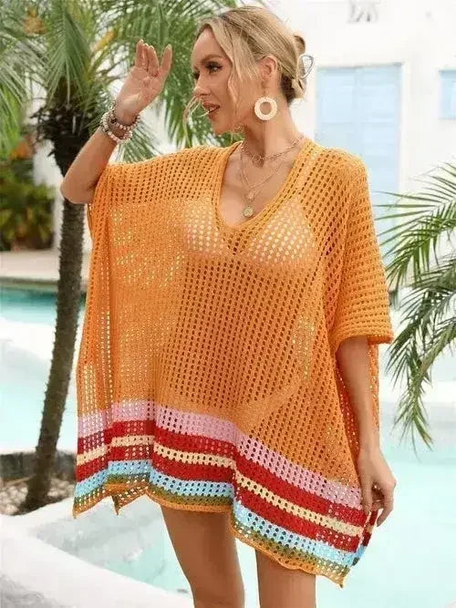 Magenta, Orange & White Striped Open Knit Cover-Up – Boho Beach Wrap