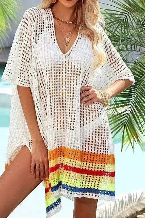 Magenta, Orange & White Striped Open Knit Cover-Up – Boho Beach Wrap