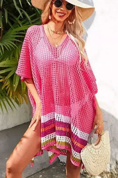 Magenta, Orange & White Striped Open Knit Cover-Up – Boho Beach Wrap
