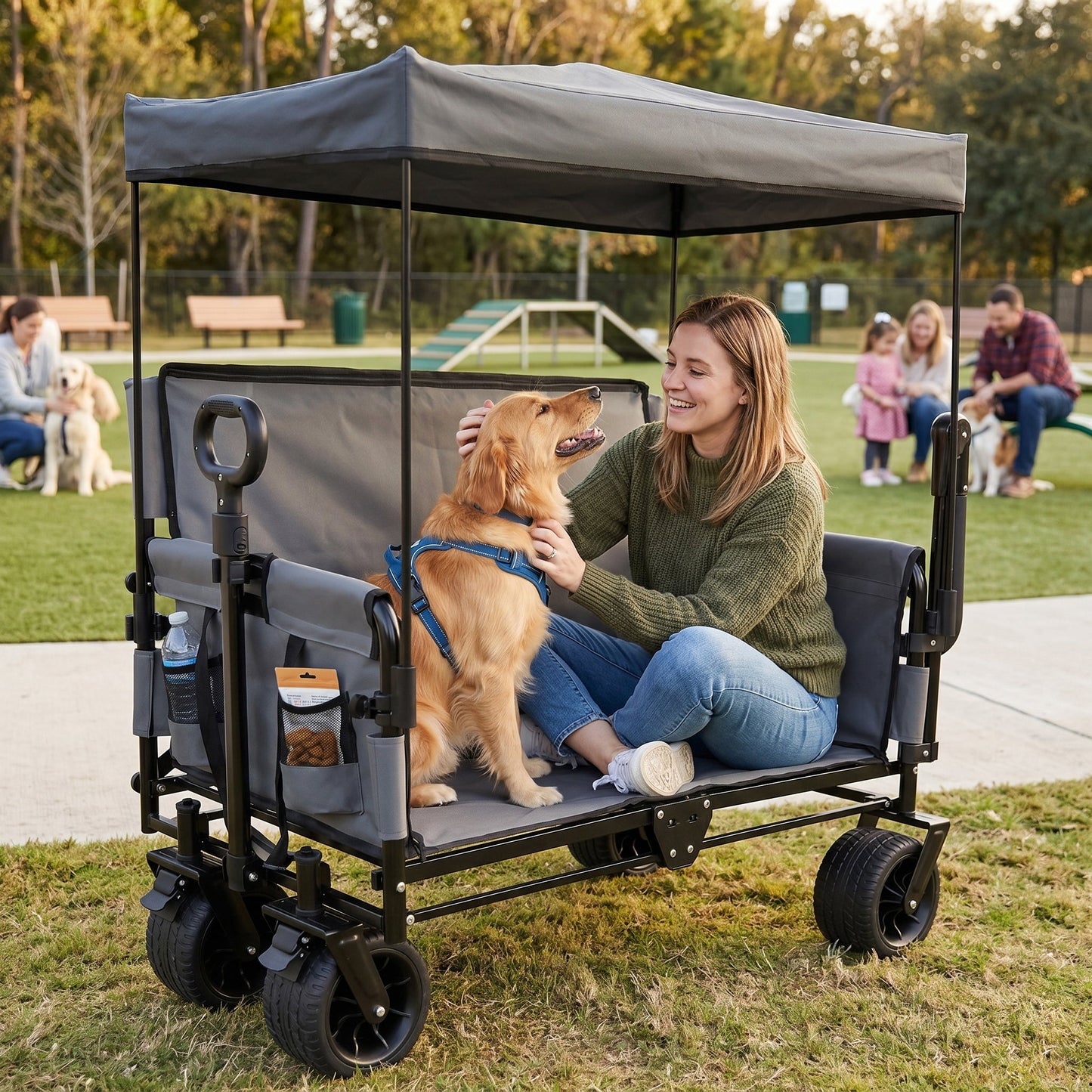 3-in-1 Folding Wagon Cart with Bench Seat, Canopy & Storage