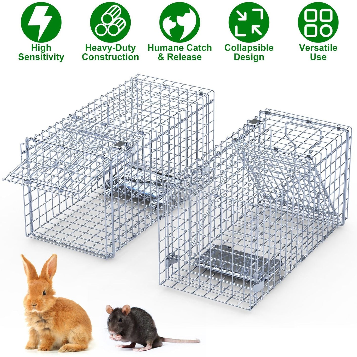 2Pcs 18x8x10In Humane Single Door Live Animal Trap Collapsible Galvanized Iron Animal Cage Catch And Release for Small Squirrel Raccoon Feral Cat Weas