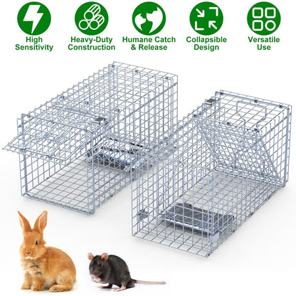 2Pcs 18x8x10In Humane Single Door Live Animal Trap Collapsible Galvanized Iron Animal Cage Catch And Release for Small Squirrel Raccoon Feral Cat Weas