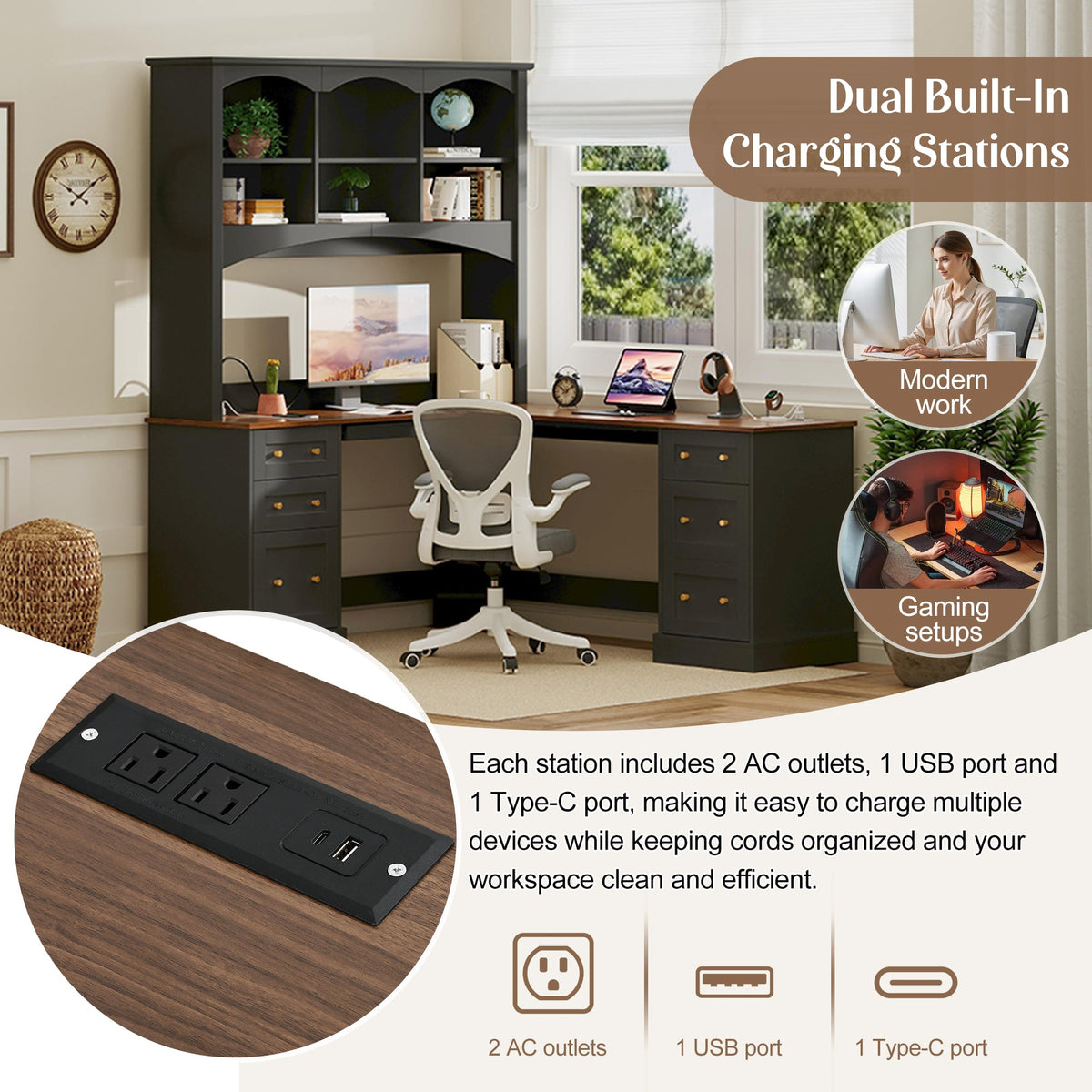 Space-Saving L-Shaped Computer Desk with Keyboard Tray & Charging Stations