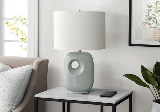Contemporary Green Ceramic Table Lamp with Ivory Shade, 26"H