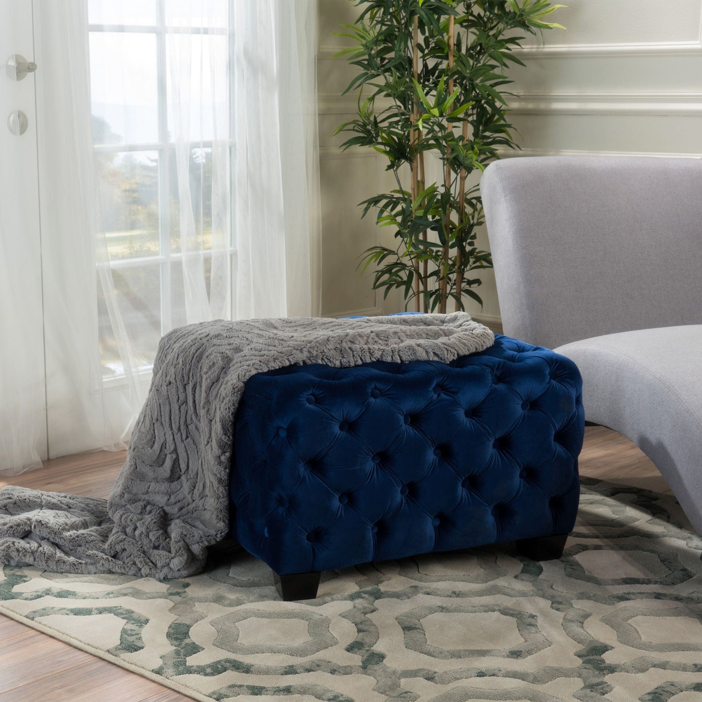 Modern Glam Ottoman with Upholstery and Button Tufted Design