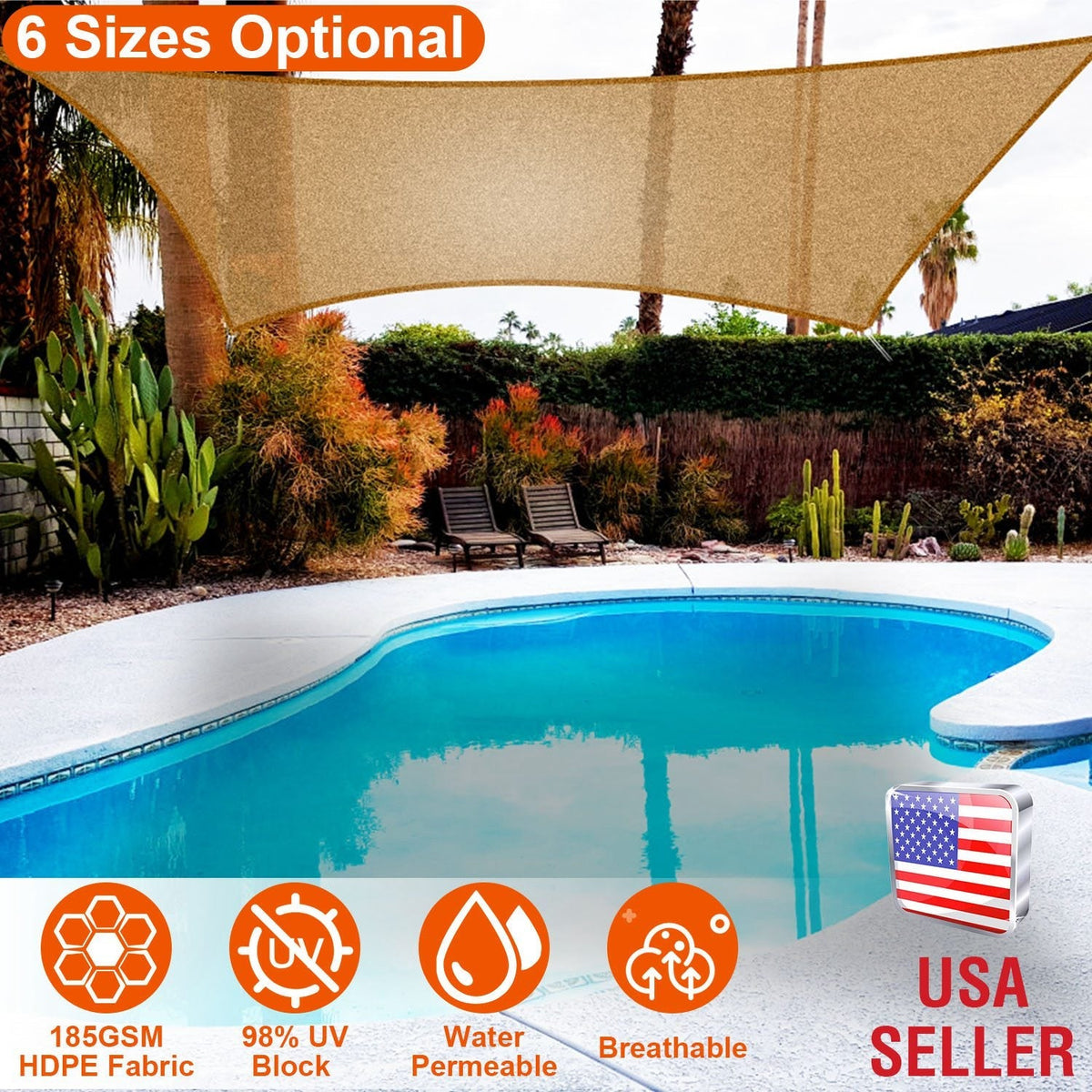 Rectangle Top CanopyÊ98% UV Block Awning Shelter 185GSM HDPE Patio Cover with Snap Hooks Ropes for Outdoor Garden Backyard