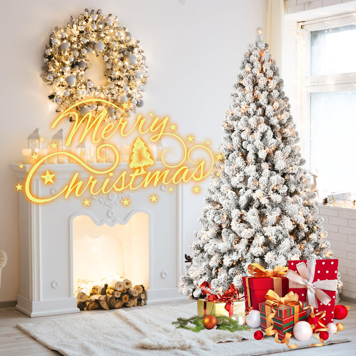 8ft Flocked Pre-Lit Christmas Tree with 500 UL Warm Lights