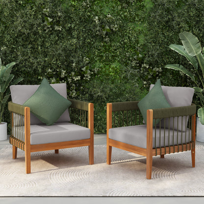 [Set of 2] Acacia Wood Outdoor Club Chair with Rope Accents