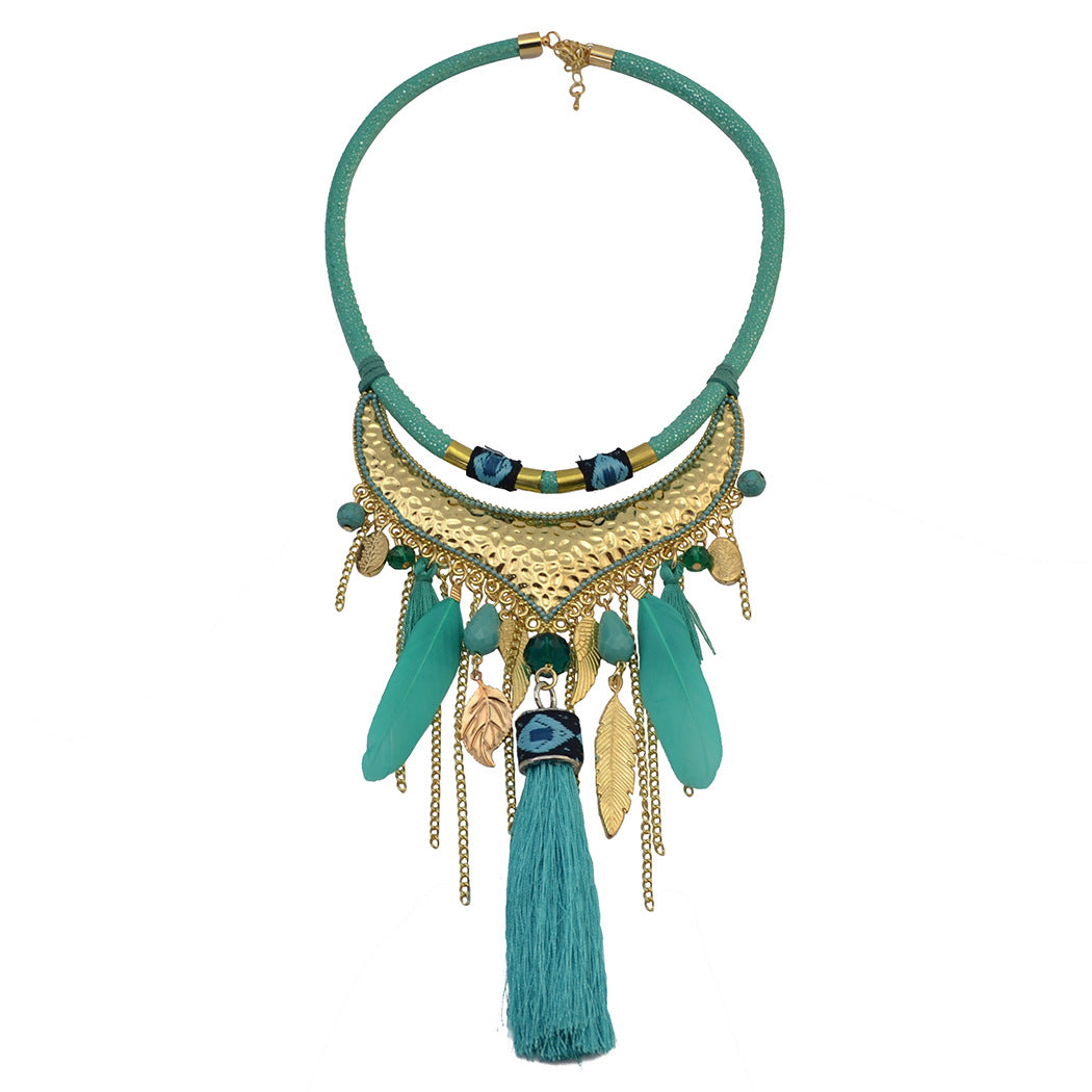 BLUEGREEN Feather Leaf Tassel Necklace - Bohemian Jewelry for Women