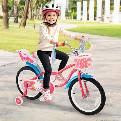 18 Inch Girls Bike for 3-5 Years Old Kids Bike with Doll Seat and Training Wheels