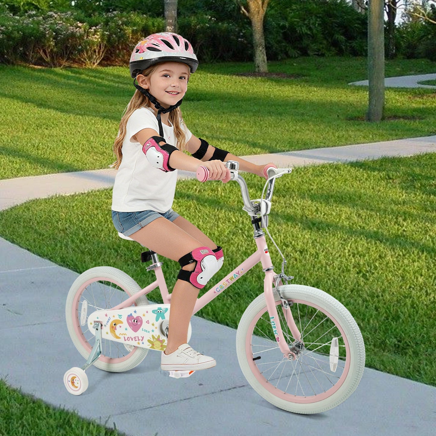 Kids Bike 12-18 Inch with Training Wheels - Pink Stars & Moon