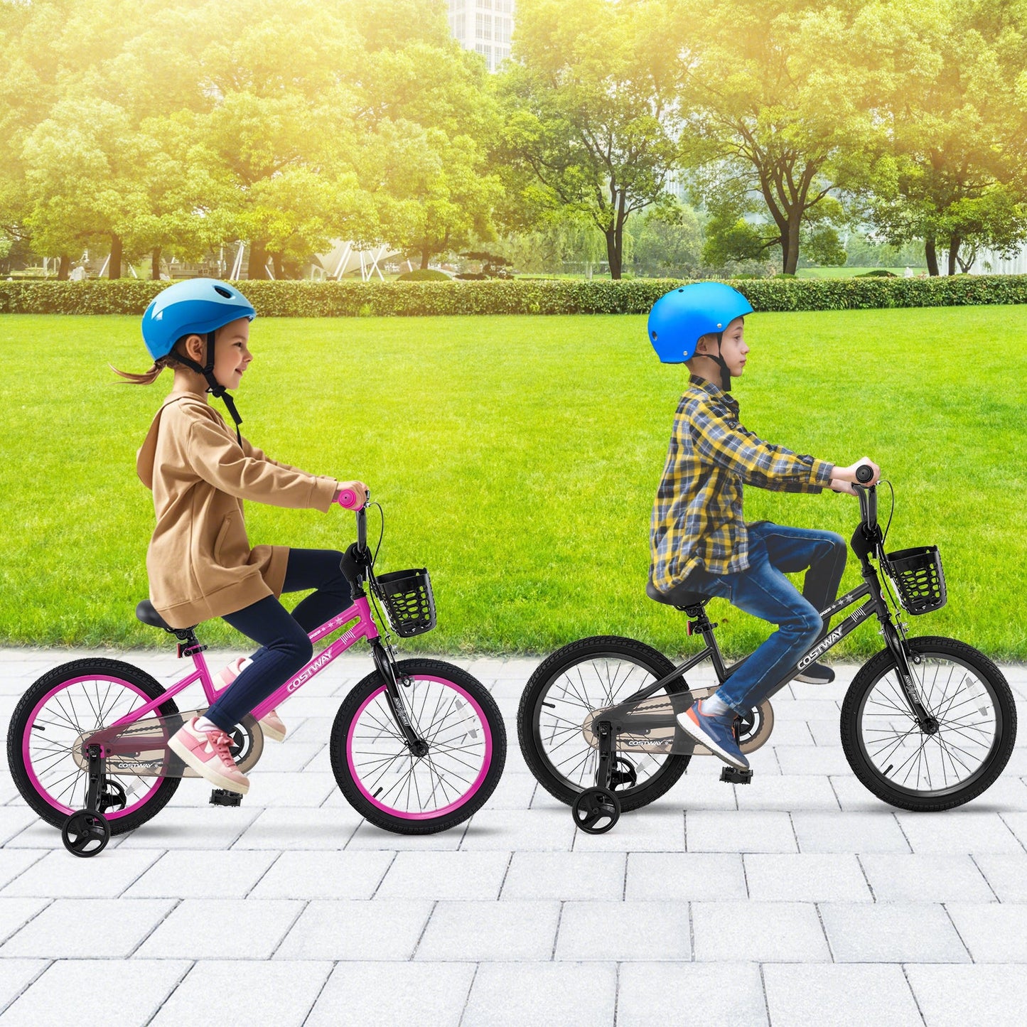 18 Inch Kids Bike Adjustable Bicycle with Front Basket for Children Aged 4-8 Years Old