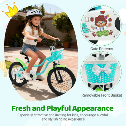 12/14/16 Inch Kids Bike with Training Wheels and Basket Green Color