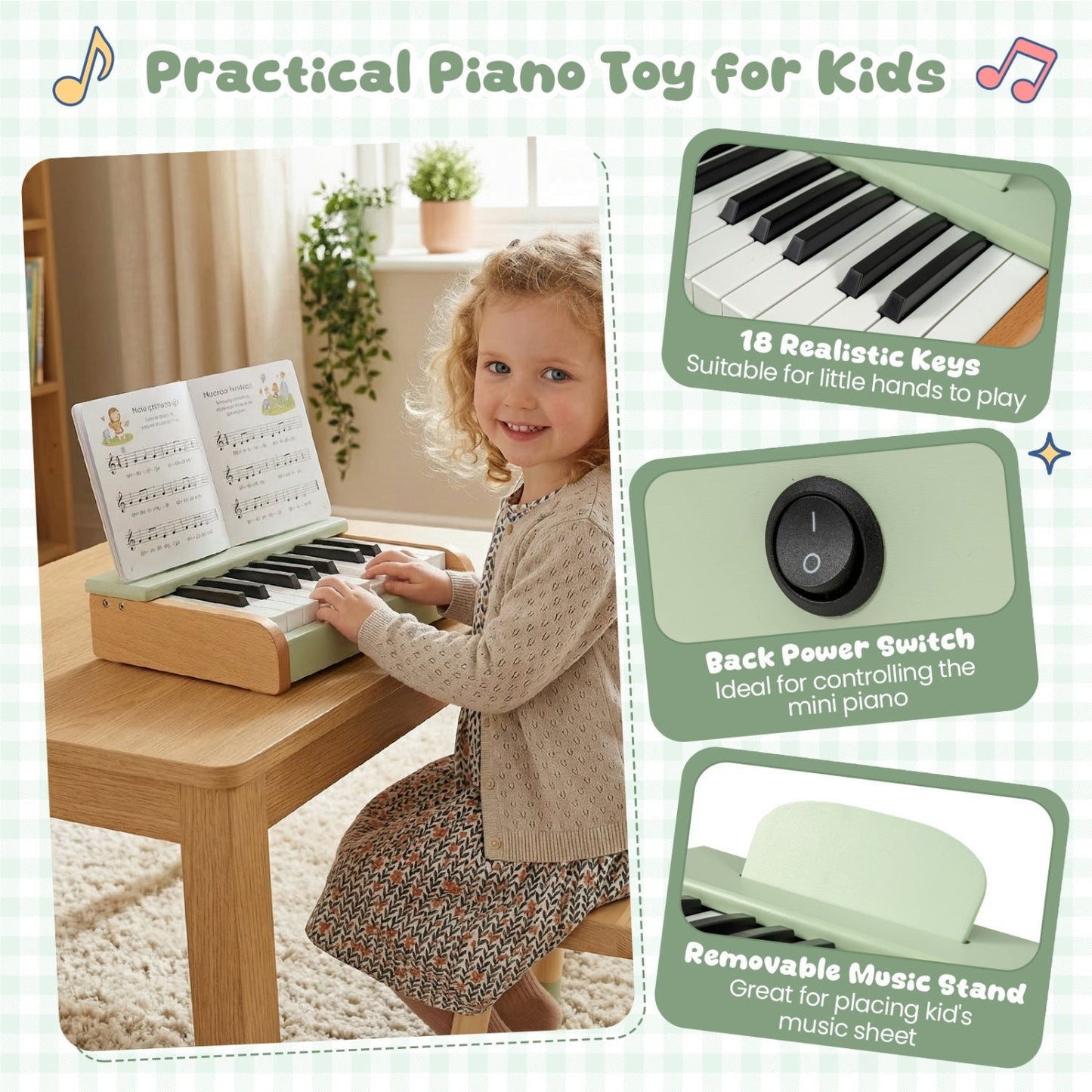 18-Key Wooden Piano for Kids with Music Stand