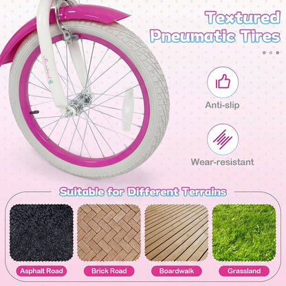 Kids Bike 18-Inch with Training Wheels and Basket Rose Red