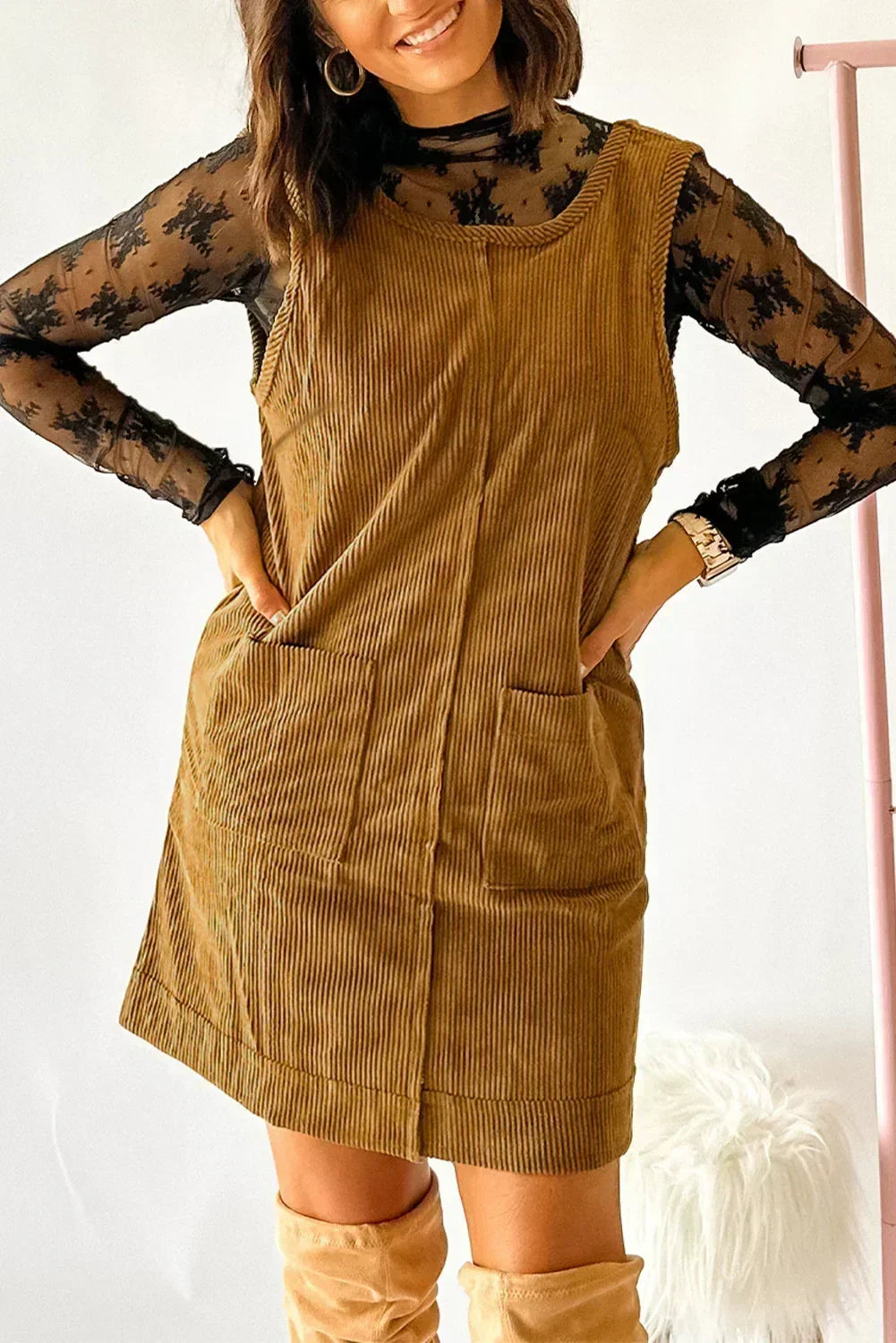 Black Corduroy Exposed Seam Sleeveless Mini Dress