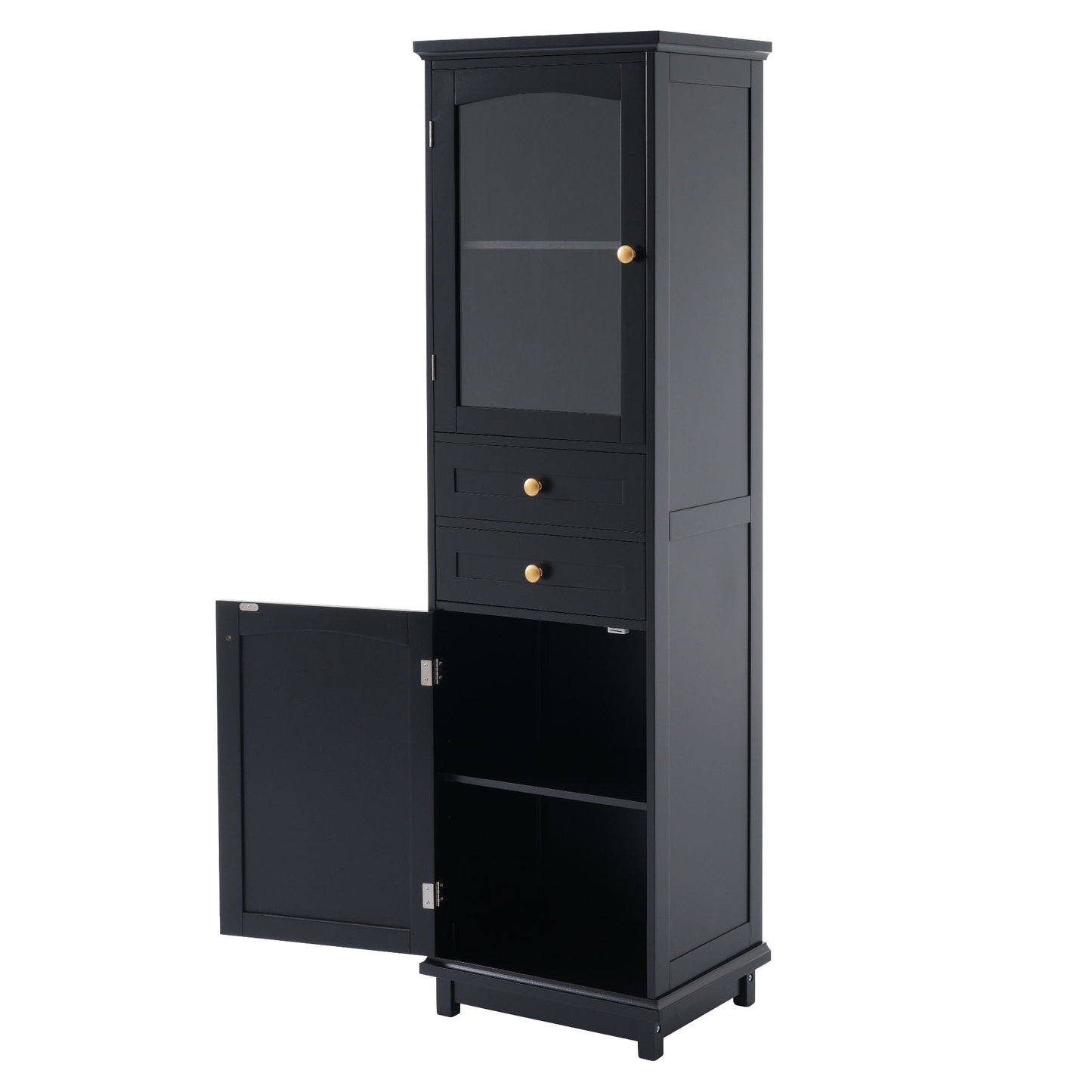 Tall Bathroom Storage Cabinet With Glass Doors, Free-Standing, Two Drawers, And Adjustable Shelves, Board, Painted Perfect For Displaying Your Favorite Items