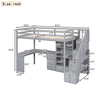 Loft Bed With L Shaped Desk, Drawers, Cabinet, And Storage Staircase