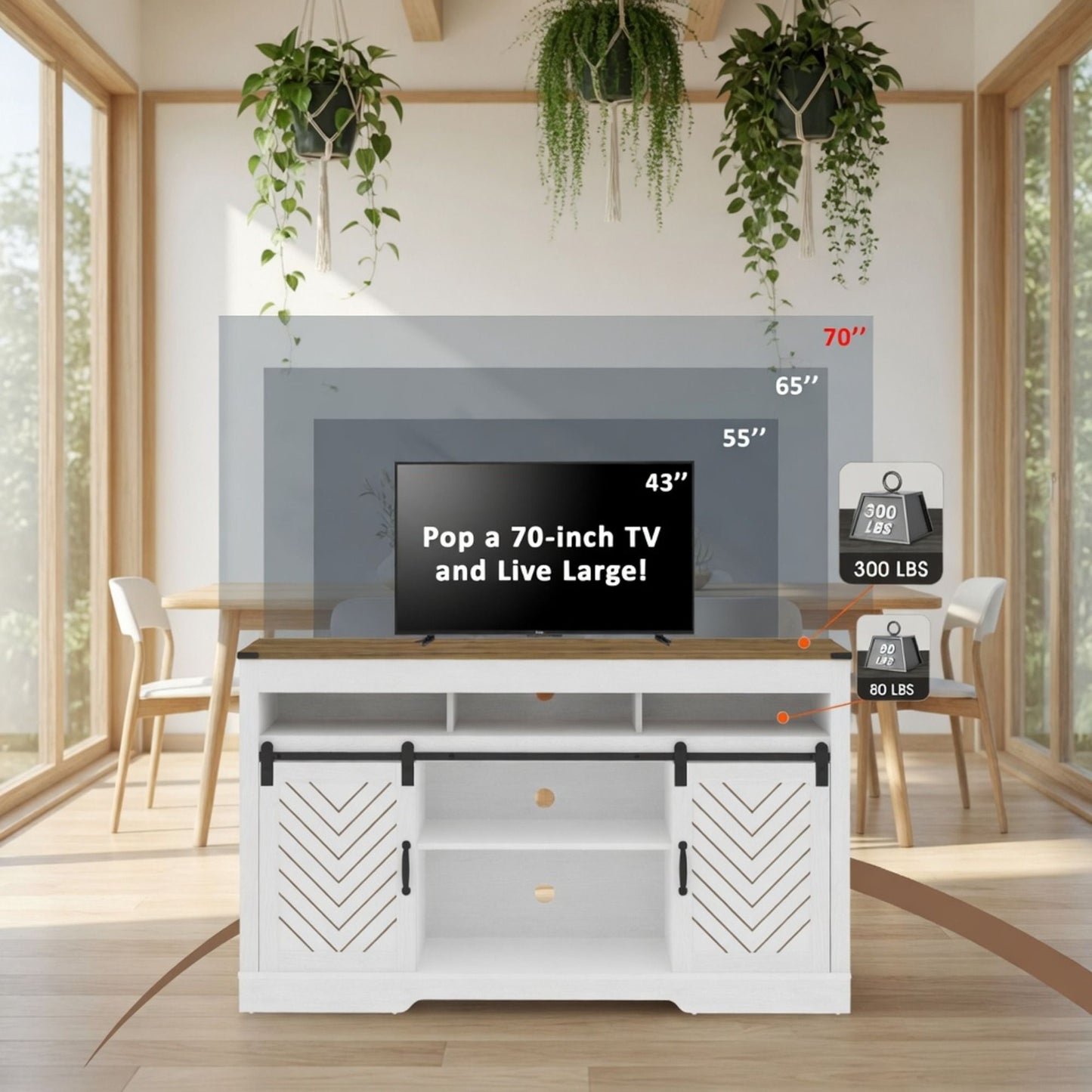 TV Stand With Sliding Barn Doors And Adjustable Storage - White / Oak